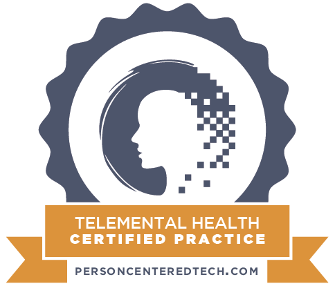 Logo Inside Ribbon That Says "Telemental Health Certified Practice"