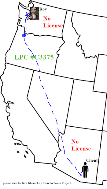 Diagram depicting Roy traveling from Portland to Seattle while Client travels from Portland to Tucson