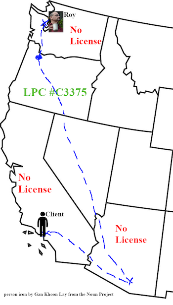 Diagram depicting Roy traveling from Portland to Seattle while Client travels from Portland to Tucson to Los Angeles
