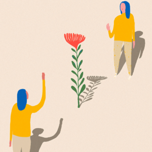 illustration of two people waving separated by a flower